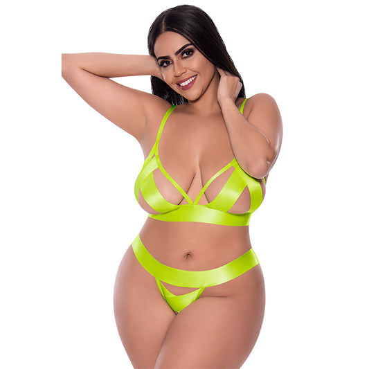 Magic Silk Strap Tease Bra & Crotchless Panty Set Yellow Queen - Red Garter