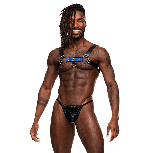 Male Power Leather Men''s Aries Black/Blue O/S - Red Garter