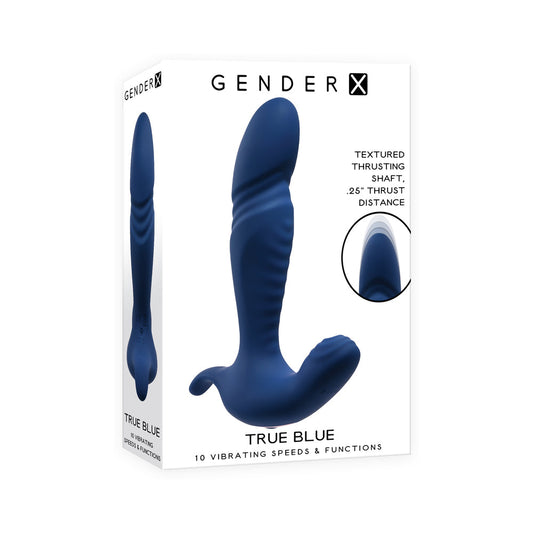 Gender X True Blue Rechargeable Thrusting Silicone Vibrator Blue - Red Garter