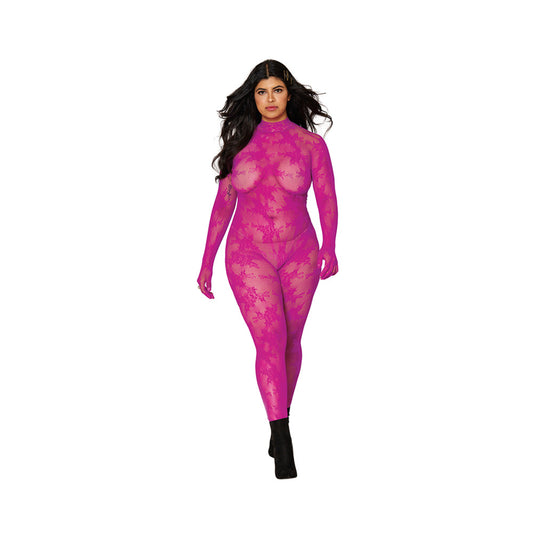 Dreamgirl Gloved Lace Bodystocking With Keyhole Back Azalea Queen Size - Red Garter