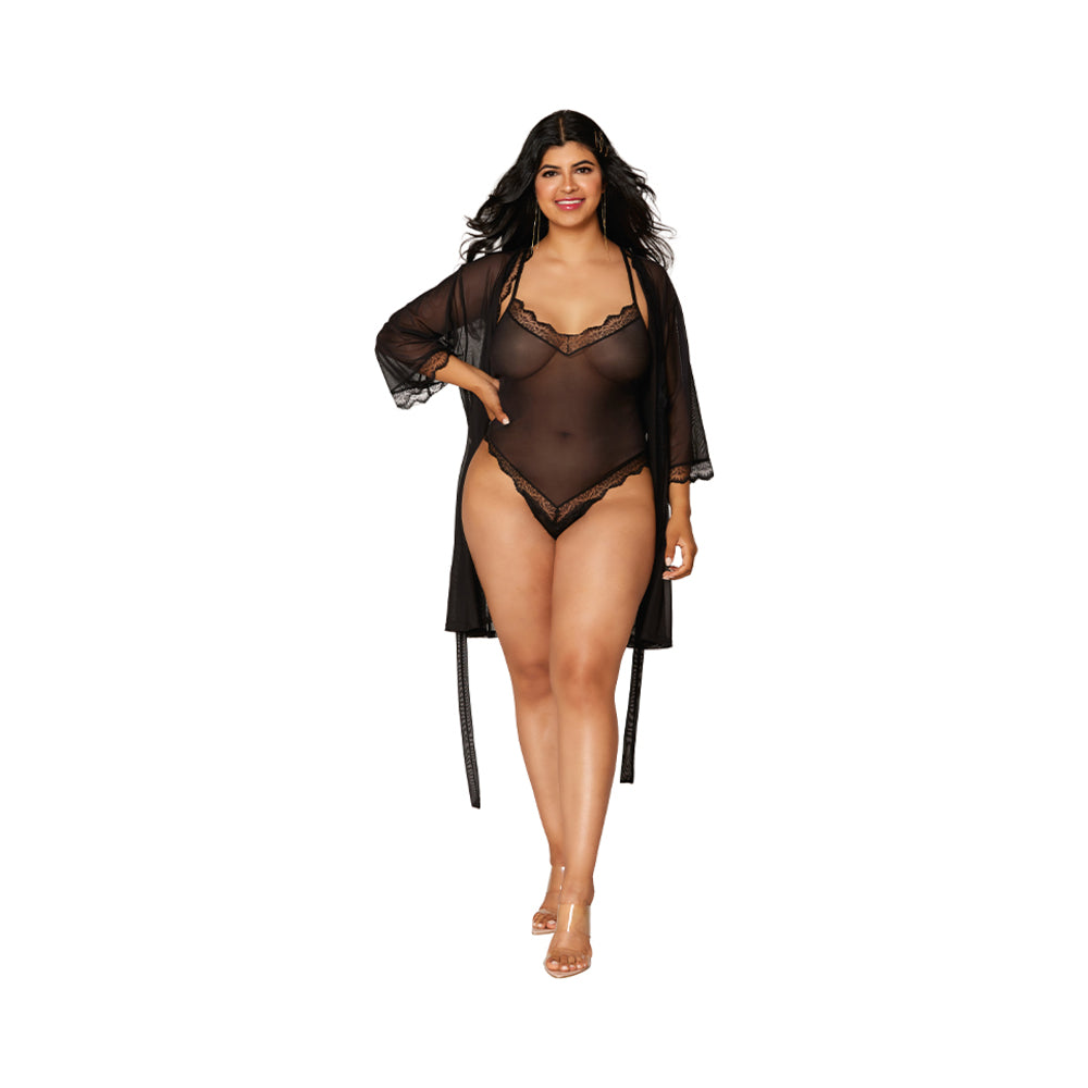 Dreamgirl Mesh Robe & Strappy Back Teddy With Lace Trim Black 1XL Hanging - Red Garter
