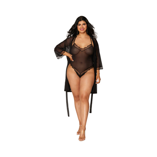 Dreamgirl Mesh Robe & Strappy Back Teddy With Lace Trim Black 3XL Hanging - Red Garter