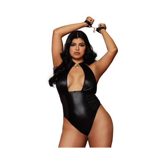 Dreamgirl Wetlook Corseted Back Halter-Neck Thong Teddy With Wrist Restraints Black Queen Size - Red Garter