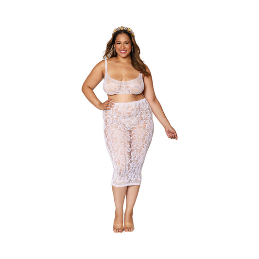 Dreamgirl Lace Fishnet Bralette & Slip Skirt White Queen Size - Red Garter