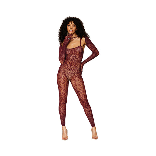 Dreamgirl Animal Print Fishnet Lace Bodystocking & Shrug Burgundy O/S - Red Garter