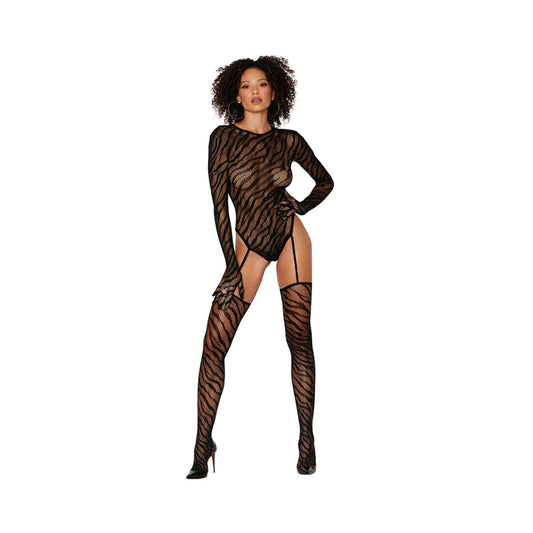 Dreamgirl Animal Print Fishnet Gloved Suspender Teddy Bodystocking With Keyhole Back Black O/S - Red Garter