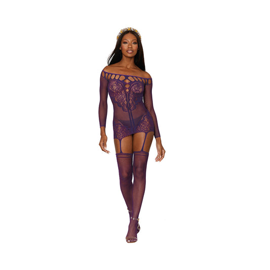Dreamgirl Fishnet Lace Garter Dress With Attached Stockings Aubergine O/S - Red Garter