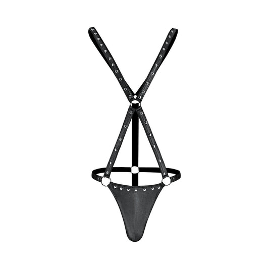 Male Power Fetish Warrior Criss-Cross Body Harness Black L/XL - Red Garter