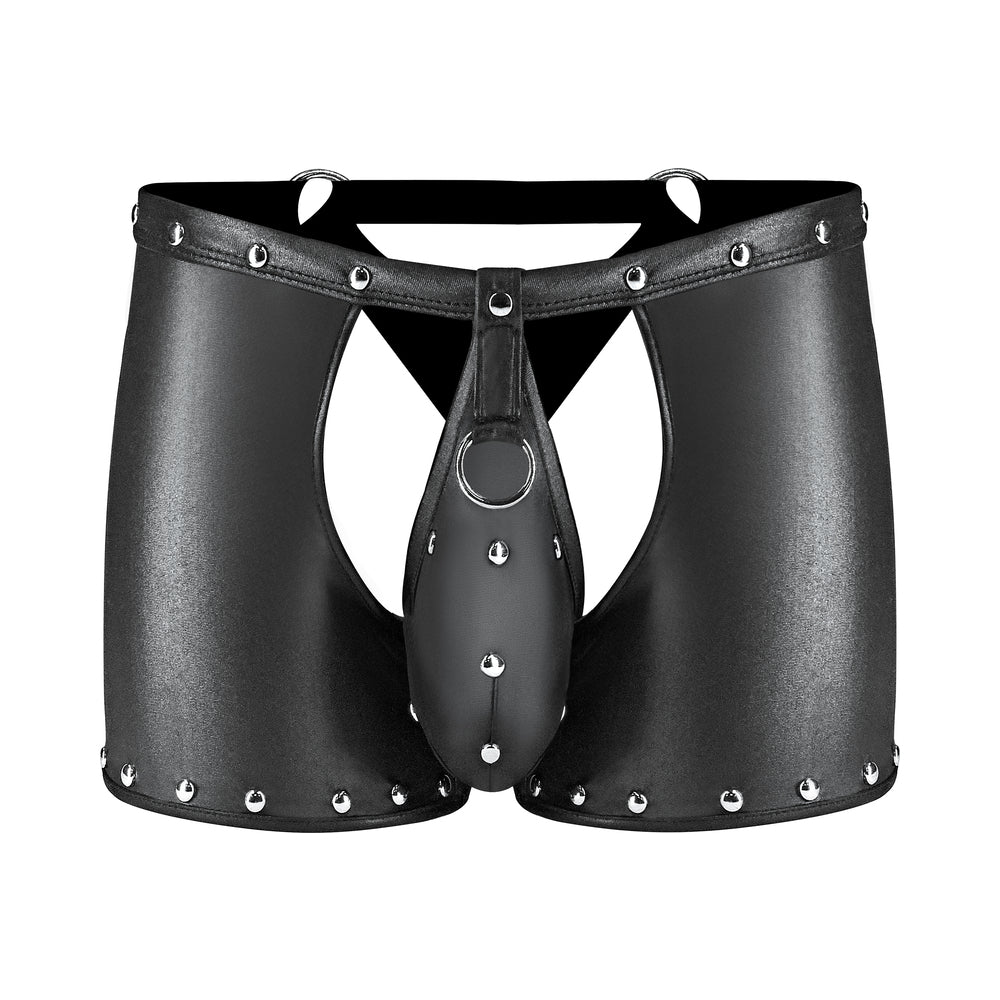 Male Power Fetish Poseidon Chap-Style Short Black L/XL - Red Garter