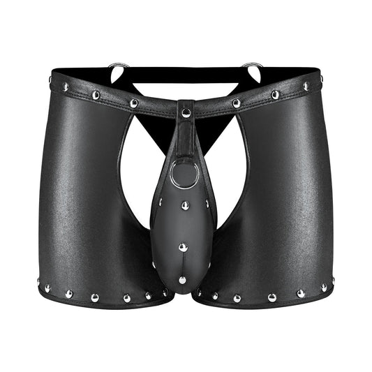 Male Power Fetish Poseidon Chap-Style Short Black L/XL - Red Garter