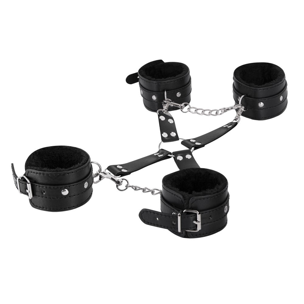 Male Power Leather All 4''s Fuzzy Cuff Set Black - Red Garter