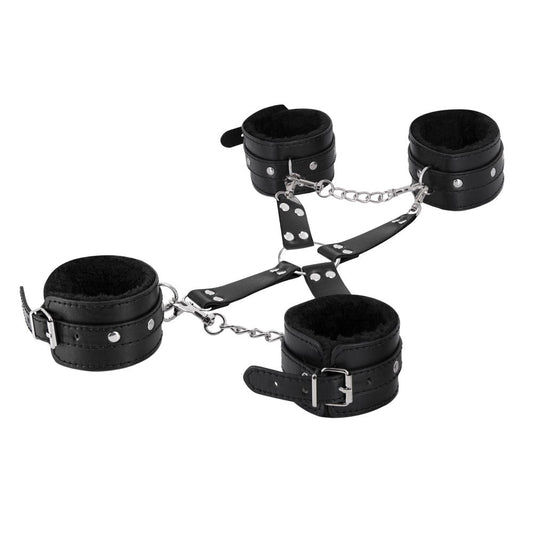 Male Power Leather All 4''s Fuzzy Cuff Set Black - Red Garter