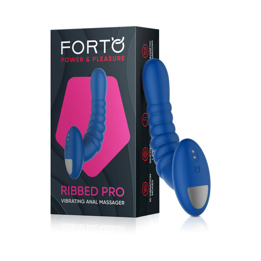 Forto Ribbed Pro Rechargeable Silicone Vibrating Anal Massager Blue - Red Garter