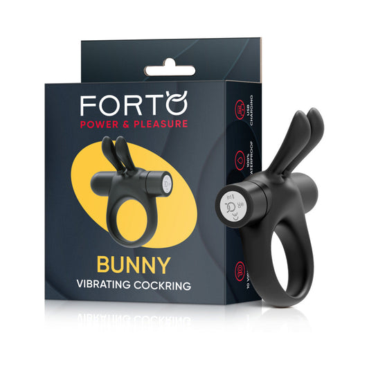 Forto Bunny Rechargeable Silicone Vibrating Cockring with Stimulating Ears Black - Red Garter
