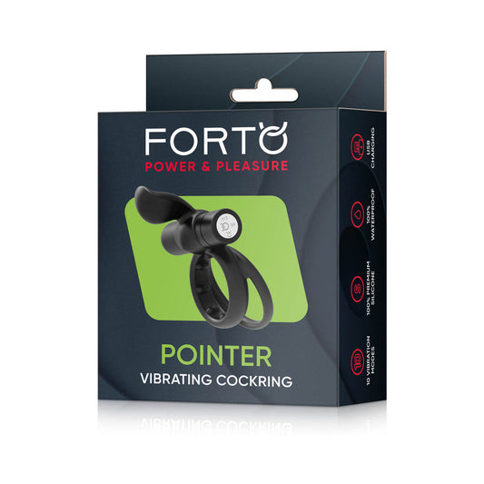 Forto Pointer Rechargeable Silicone Vibrating Dual Cockring with External Stimulator Black - Red Garter