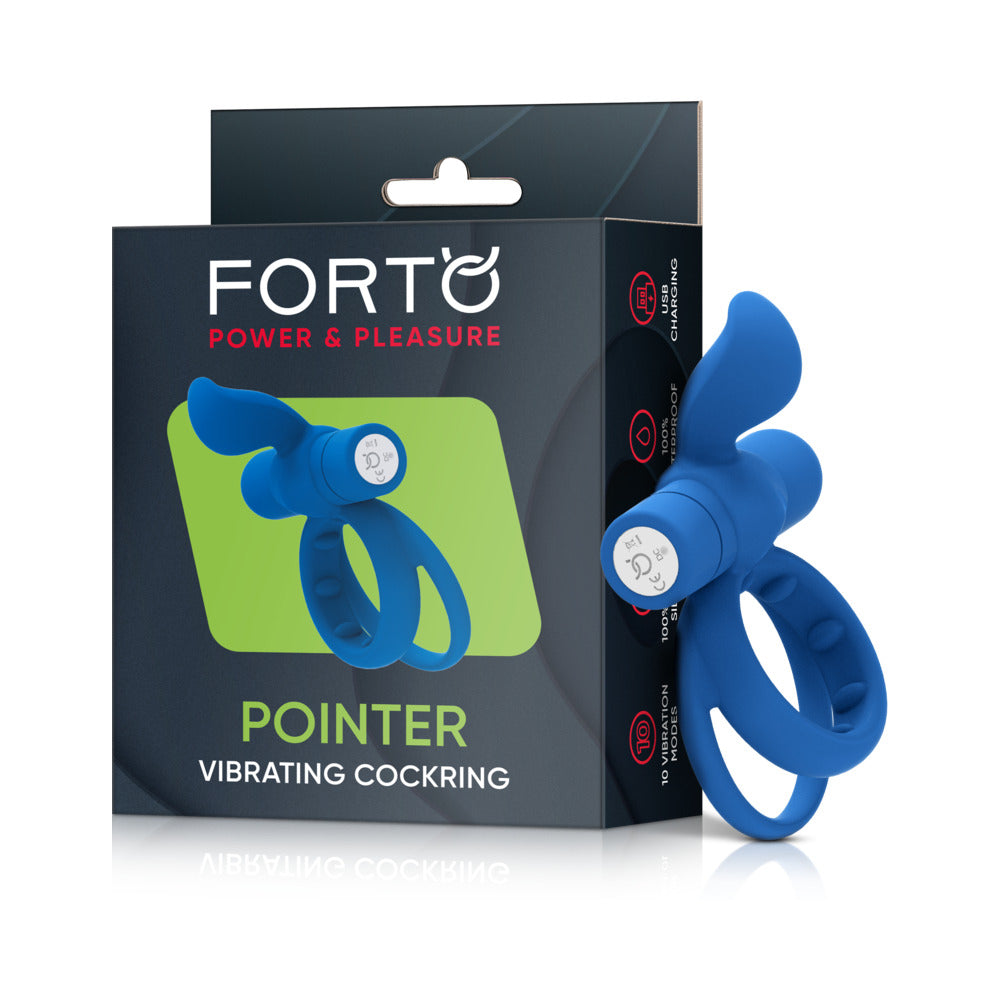 Forto Pointer Rechargeable Silicone Vibrating Dual Cockring with External Stimulator Blue - Red Garter