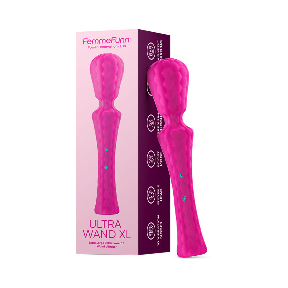 FemmeFunn Ultra Wand XL Rechargeable Flexible Textured Silicone Vibrator Pink - Red Garter
