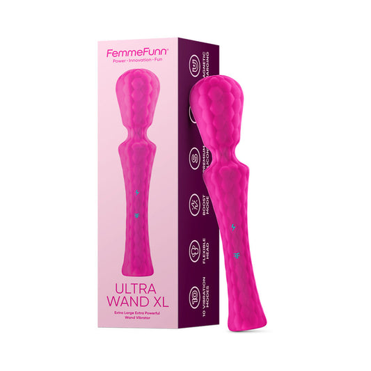 FemmeFunn Ultra Wand XL Rechargeable Flexible Textured Silicone Vibrator Pink - Red Garter