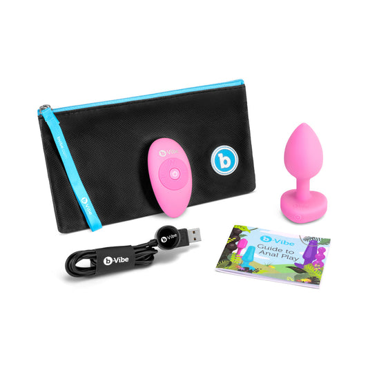 b-Vibe Vibrating Heart Anal Plug with Heart-Shaped Jewel Base S/M Pink - Red Garter