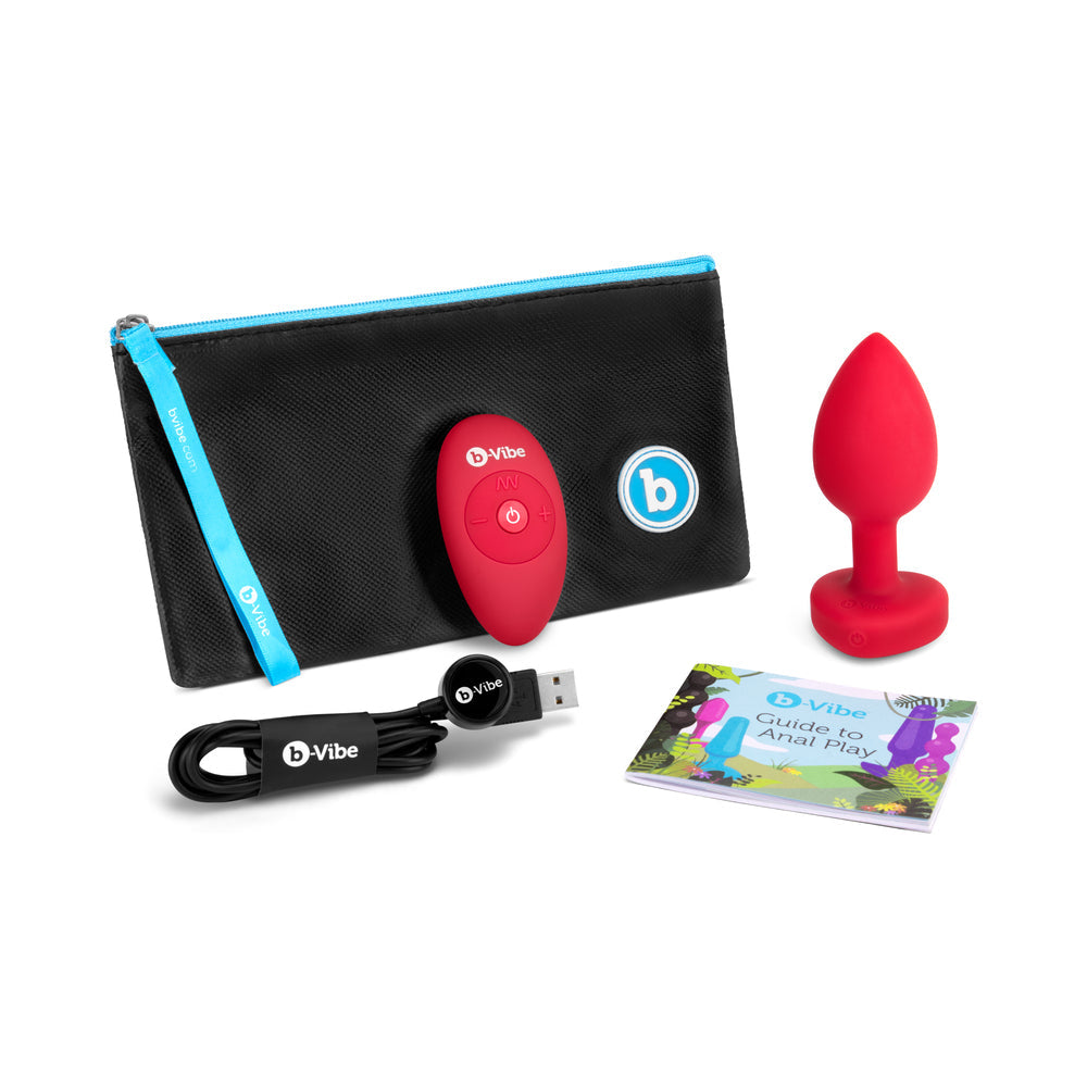 b-Vibe Vibrating Heart Anal Plug with Heart-Shaped Jewel Base M/L Red - Red Garter