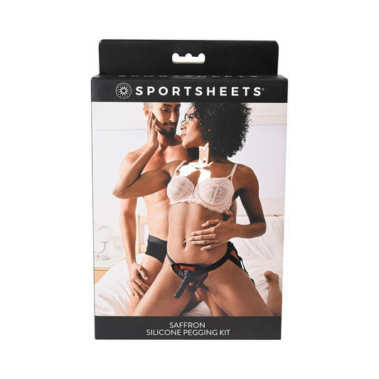 Sportsheets Saffron Silicone Pegging Kit with Adjustable Strap-On Harness & 5 in. Dildo - Red Garter