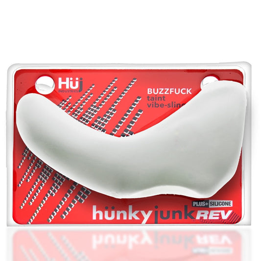 Hunkyjunk Buzzfuck Cock & Ball Sling with Taint Vibrator White Ice - Red Garter