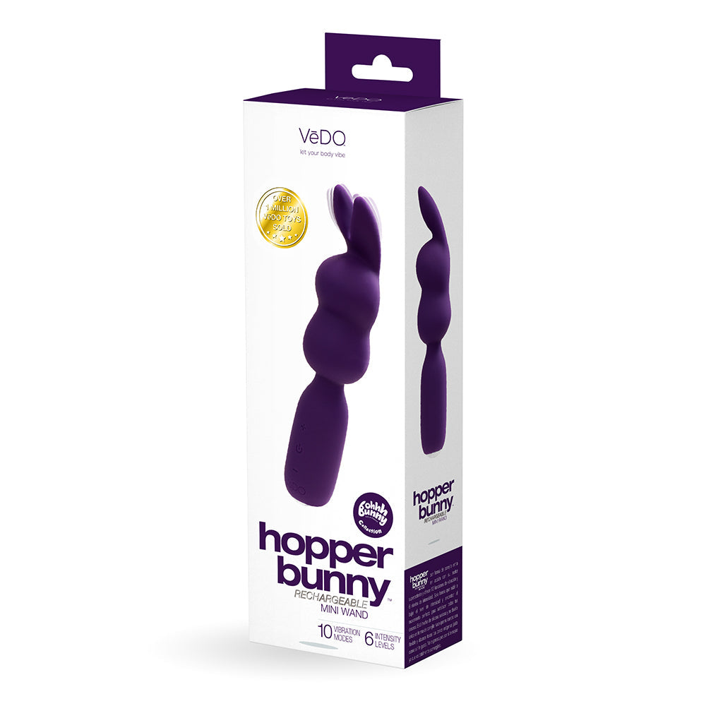 VeDO Hopper Bunny Rechargeable Silicone Mini Wand Vibrator Purple - Red Garter