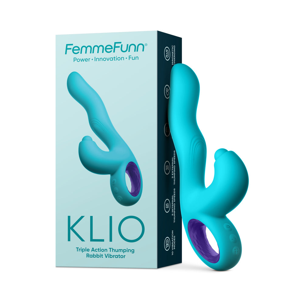 FemmeFunn Klio Rechargeable Silicone Triple Action Thumping Rabbit Vibrator Turquoise - Red Garter