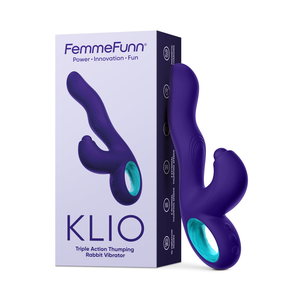 FemmeFunn Klio Rechargeable Silicone Triple Action Thumping Rabbit Vibrator Dark Purple - Red Garter