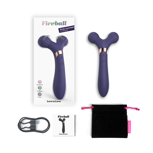 Love to Love Fireball Rechargeable Dual Ended Silicone Body Massager & Vibrator Midnight Indigo - Red Garter