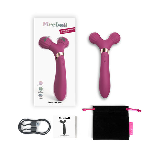Love to Love Fireball Rechargeable Dual Ended Silicone Body Massager & Vibrator Plum Star - Red Garter