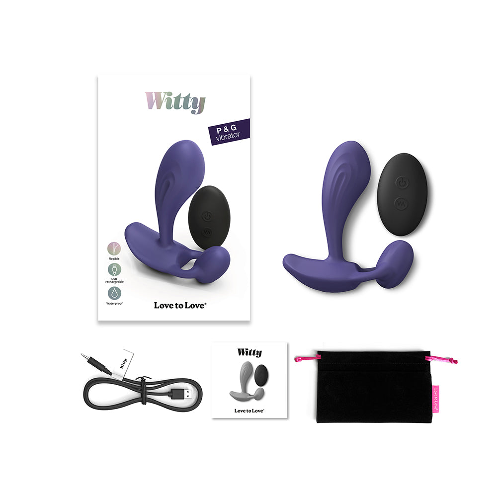 Love to Love Witty Rechargeable Remote-Controlled Silicone P & G Vibrator Midnight Indigo - Red Garter