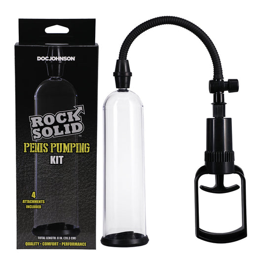 Rock Solid Penis Pumping Kit with 4 Attachments Black/Clear - Red Garter