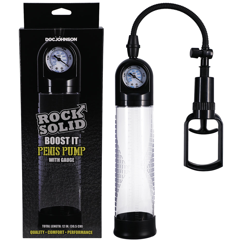 Rock Solid Boost It Penis Pump with Gauge Black/Clear - Red Garter