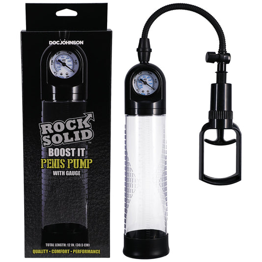 Rock Solid Boost It Penis Pump with Gauge Black/Clear - Red Garter