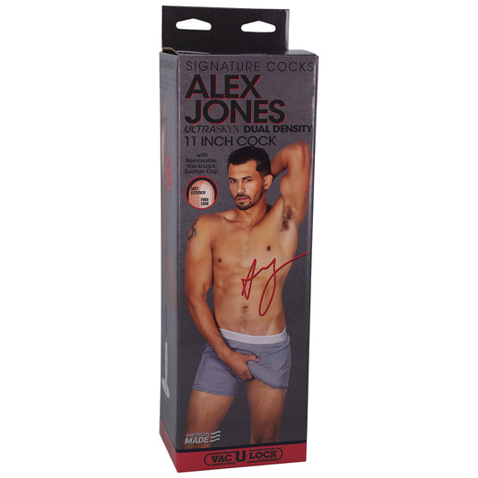 Signature Cocks Alex Jones ULTRASKYN 11 in. Dual Density Dildo with Removable Vac-U-Lock Suction Cup Tan - Red Garter