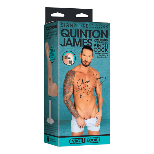 Signature Cocks Quinton James 8 in. Dual-Density Dildo with Vac-U-Lock Suction Cup Beige - Red Garter
