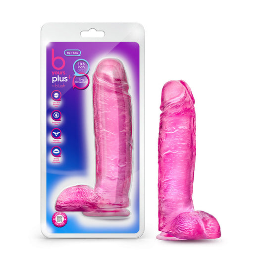 B Yours Plus Big n'' Bulky 10.5 in. Dildo with Balls & Suction Cup Pink - Red Garter