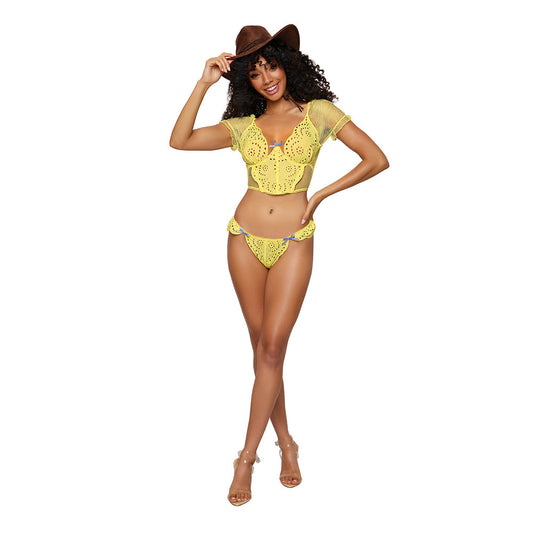 Dreamgirl Embroidered Eyelet Band and Stretch Fishnet Bustier and G-string Set Citrus XL - Red Garter