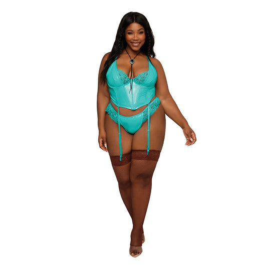 Dreamgirl Stretch Vinyl and Lace Bustier and G-string Set Ocean 2XL - Red Garter