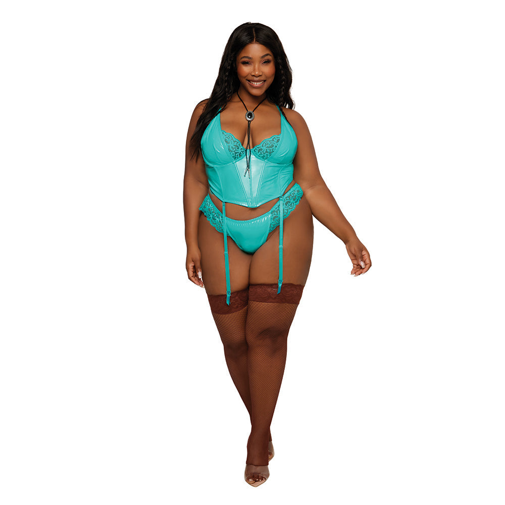 Dreamgirl Stretch Vinyl and Lace Bustier and G-string Set Ocean 3XL - Red Garter