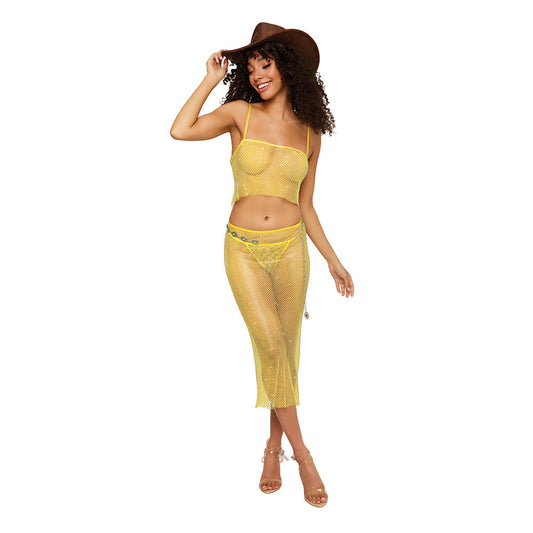 Dreamgirl Iridescent Rhinestone Embellished Fishnet Camisole and G-string Set Citrus L - Red Garter