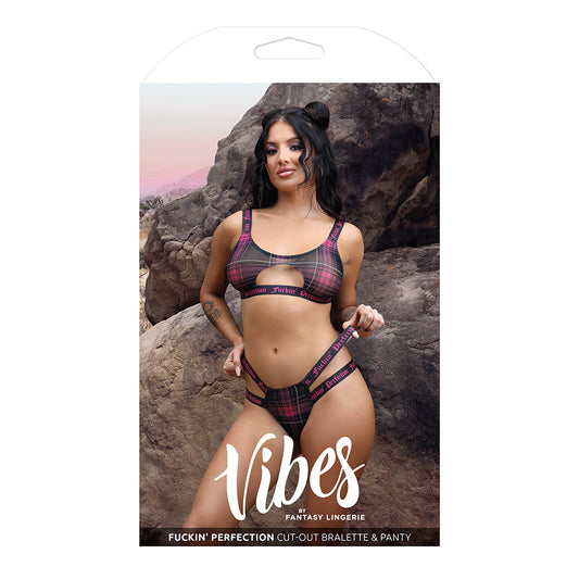 Fantasy Lingerie Vibes Fuckin'' Perfection Plaid Mesh Cut Out Bralette & Panty Black M/L