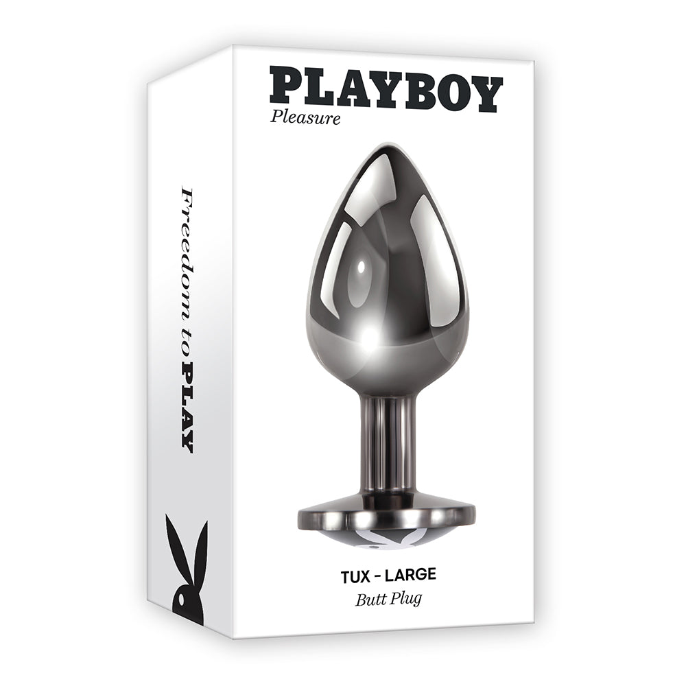 Playboy Tux Large Metal Anal Plug Hematite - Red Garter