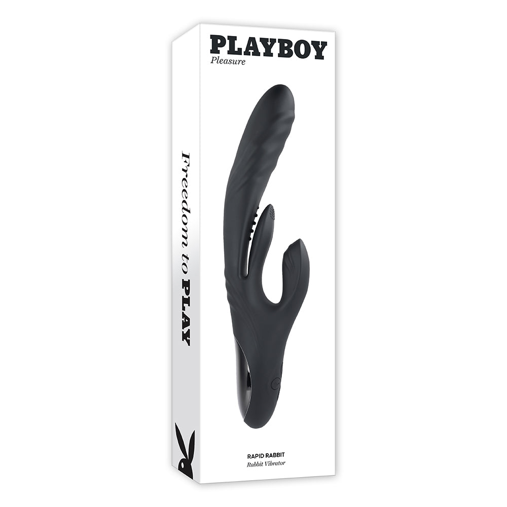 Playboy Rapid Rabbit Rechargeable Silicone Dual Stimulation Vibrator Black - Red Garter