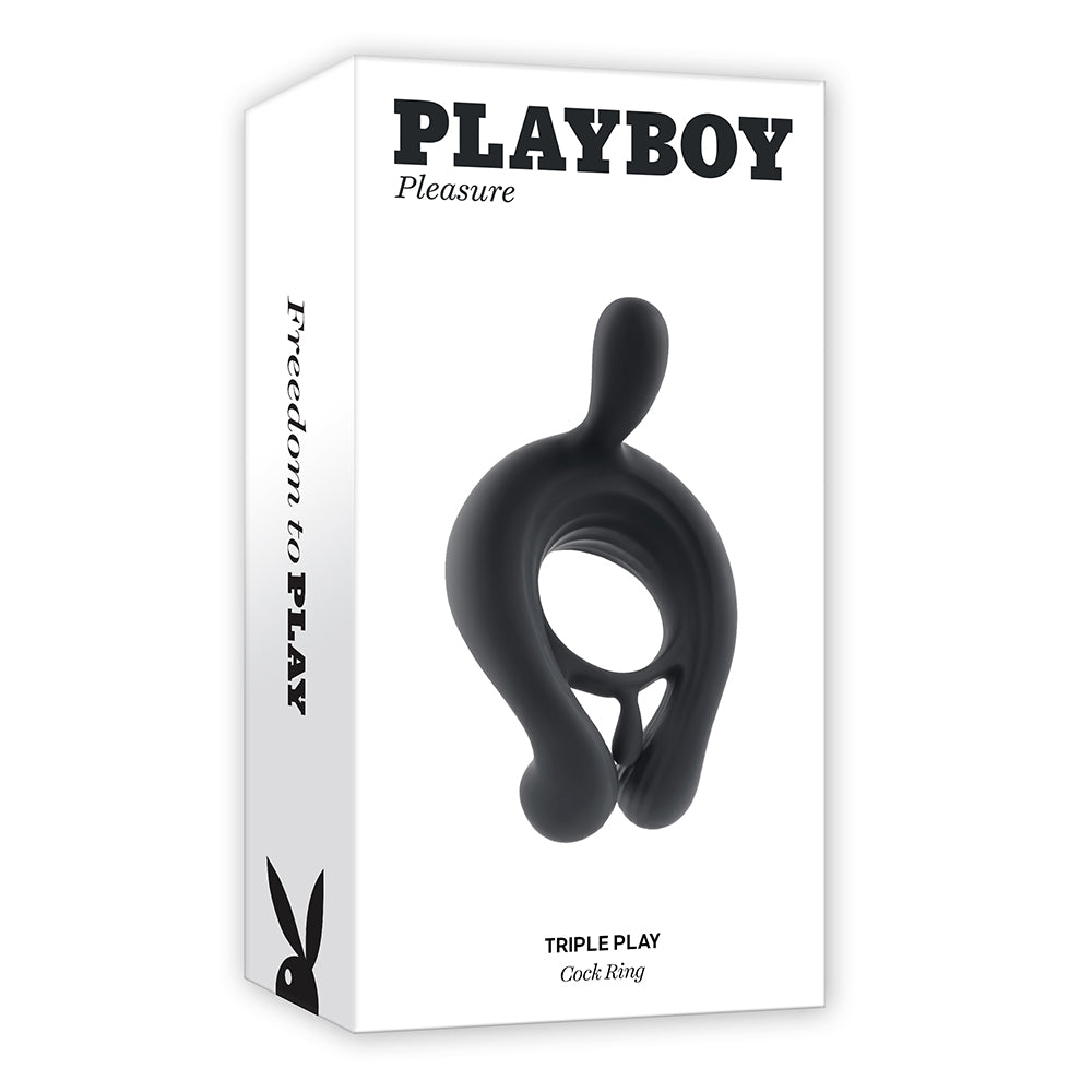 Playboy Triple Play Vibrating Cockring with Stimulator Black - Red Garter