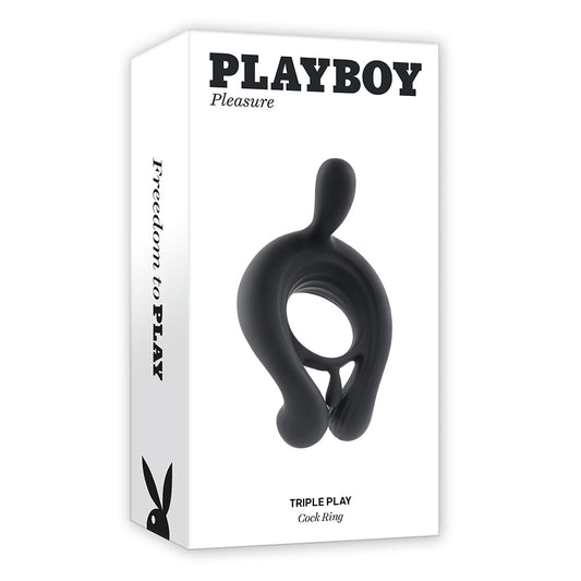 Playboy Triple Play Vibrating Cockring with Stimulator Black - Red Garter