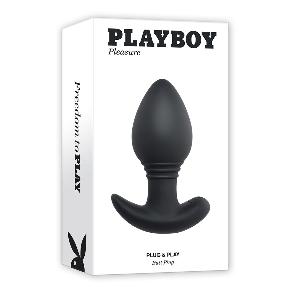 Playboy Plug & Play Rechargeable Remote Controlled Vibrating Silicone Anal Plug Navy - Red Garter