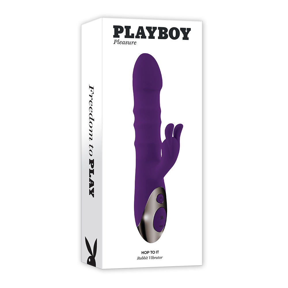 Playboy Hop To It Rechargeable Thrusting Silicone Dual Stimulation Vibrator Acai - Red Garter
