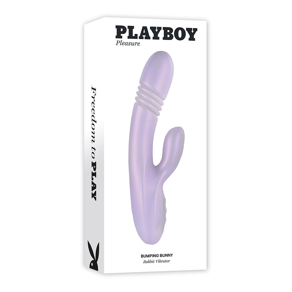Playboy Bumping Bunny Rechargeable Thrusting Warming Silicone Dual Stimulation Vibrator Opal - Red Garter